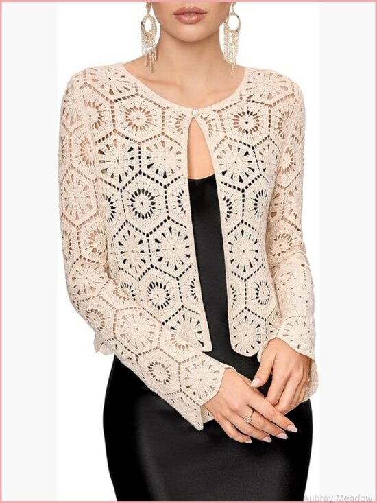 Sweaters - Women's Crochet Cardigan One-Button Cropped Hollow Out Knit Shrug